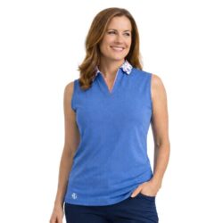 Ladies Sleeveless Polo Shirt with Leopard Print Collar