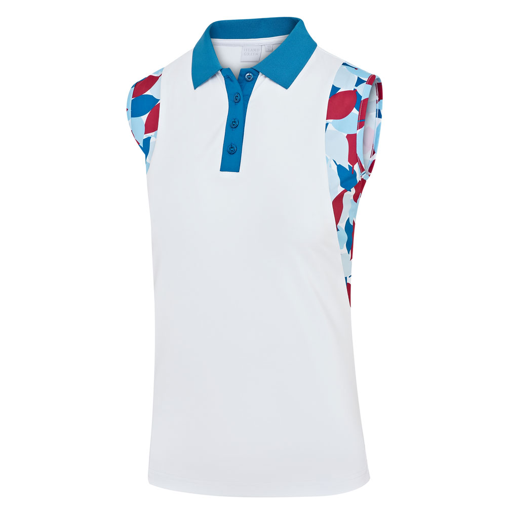 Ladies Leaf Print Panels Sleeveless Polo Shirt