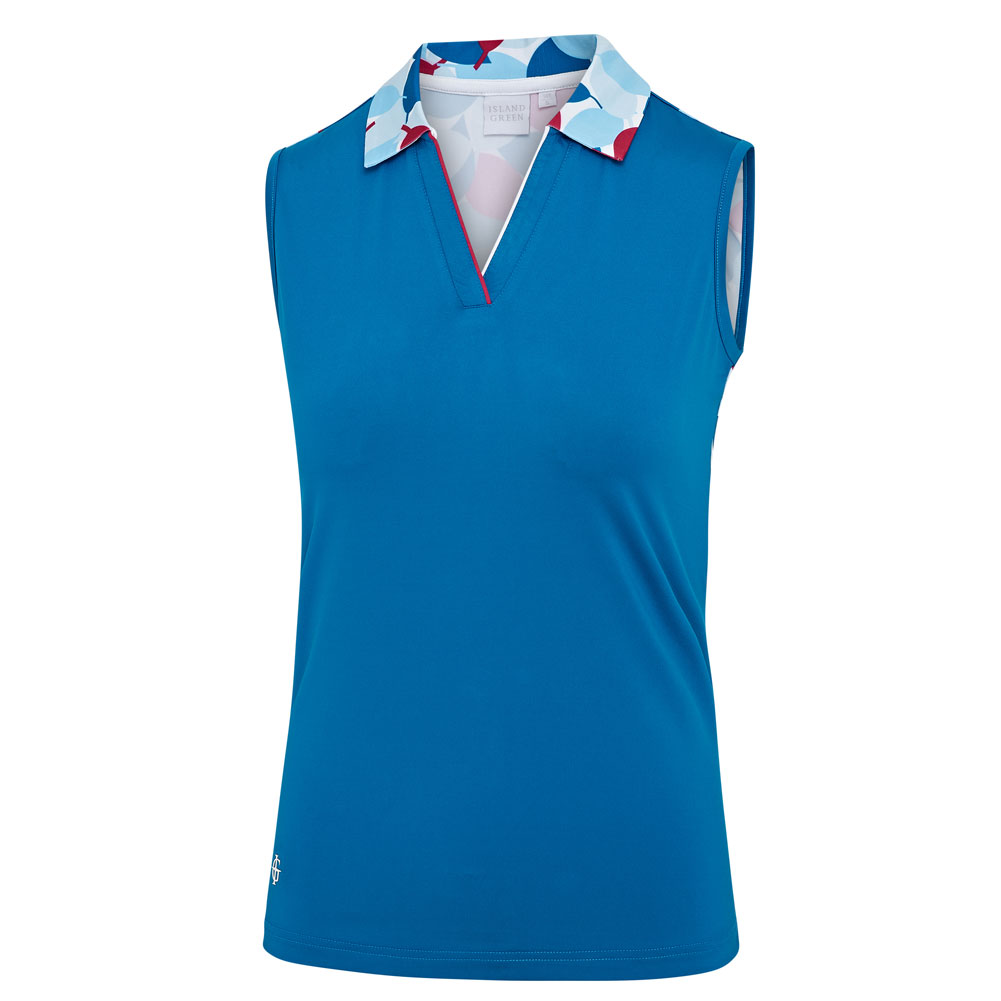 Ladies Leaf Print Back & Collar Sleeveless Polo Shirt